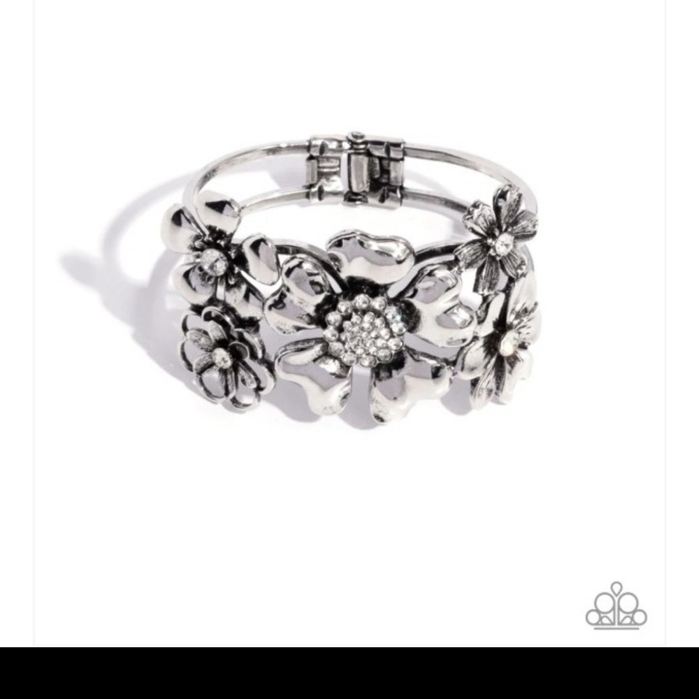 Bursting Bouquet Silver Flower Hinge Cuff Bracelet Paparazzi Silver Floral
